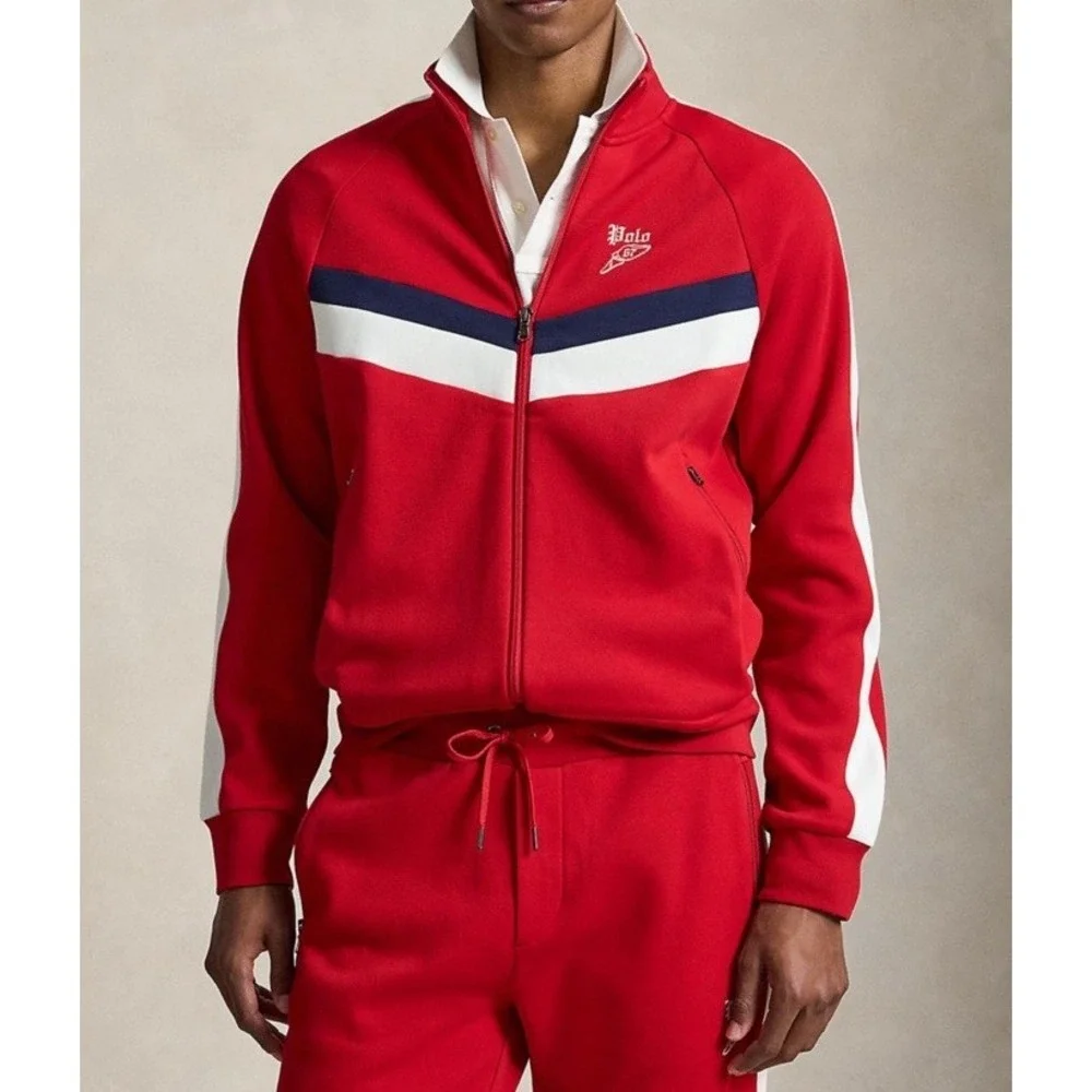 NWT Polo Ralph Lauren Mens L Double Knit Track Jacket Red Winged Foot Logo Zip